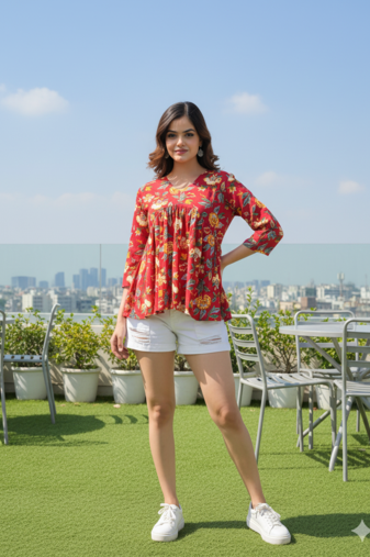 Women's rayon handprinted handmade botanical floral printed designer RED tops & tunics