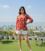 Women's rayon handprinted handmade botanical floral printed designer RED tops & tunics