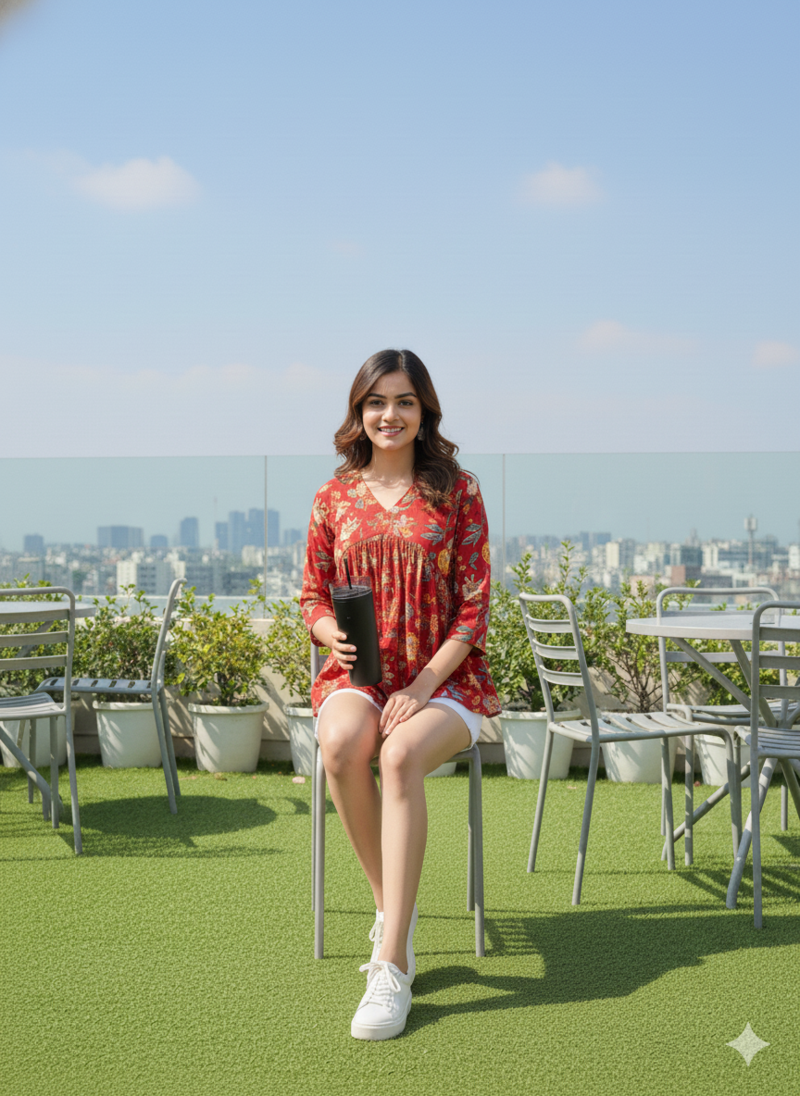 Women's rayon handprinted handmade botanical floral printed designer RED tops & tunics