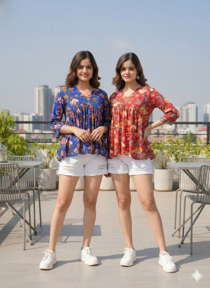 Noor startup pack of 2 women's rayon handprinted handmade floral botanical printed designer tops & tunics