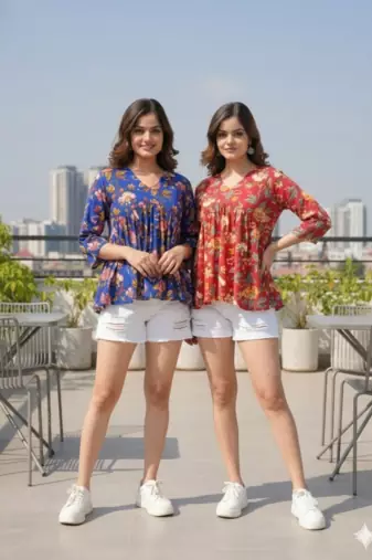 Noor startup pack of 2 women's rayon handprinted handmade floral botanical printed designer tops & tunics