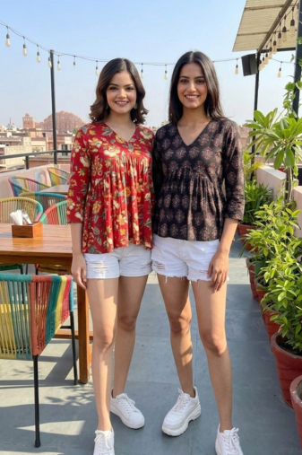 Noor startup pack of 2 women's rayon handprinted handmade floral botanical printed designer tops & tunics