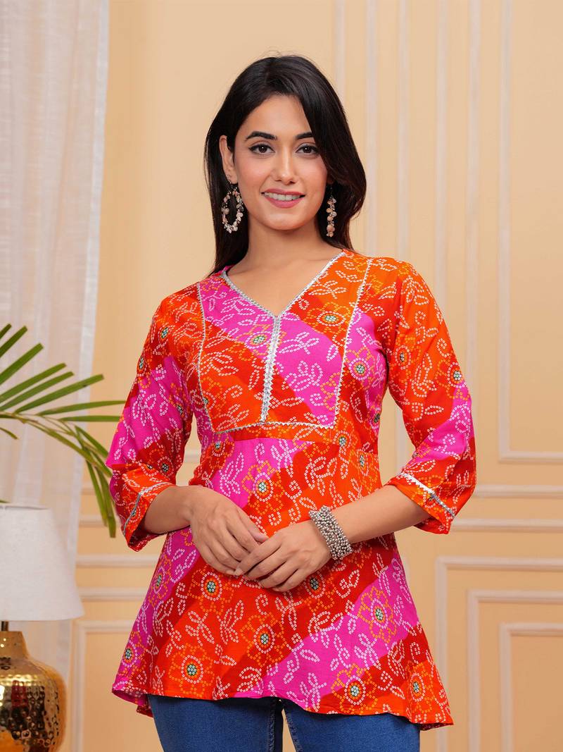 Women's Vibrant Rayon Bandhej Printed Regular Fit Kurti Top | Pink & Orange Multicolor Bandhani Print Ethnic Tunic