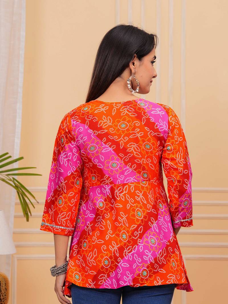 Women's Vibrant Rayon Bandhej Printed Regular Fit Kurti Top | Pink & Orange Multicolor Bandhani Print Ethnic Tunic
