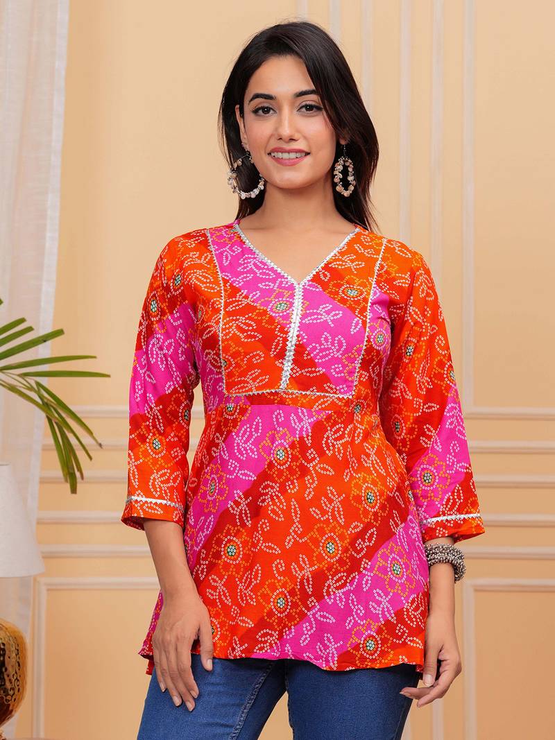 Women's Vibrant Rayon Bandhej Printed Regular Fit Kurti Top | Pink & Orange Multicolor Bandhani Print Ethnic Tunic