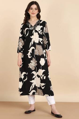 Women's Big Floral Printed Black Rayon A-Line Kurti|Stylish V-Neck 3/4 Sleeve Ethnic Long Kurta for Women & Girls