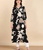 Women's Big Floral Printed Black Rayon A-Line Kurti|Stylish V-Neck 3/4 Sleeve Ethnic Long Kurta for Women & Girls
