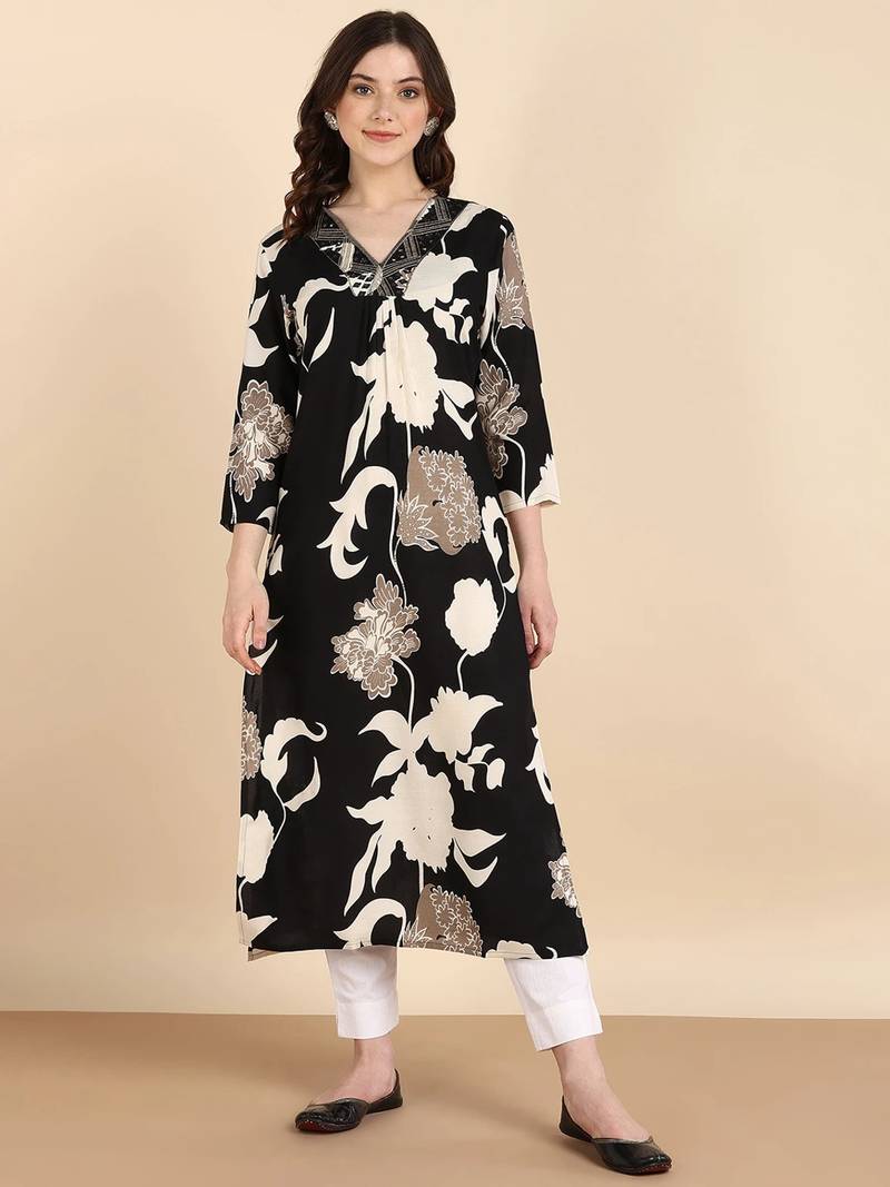 Women's Big Floral Printed Black Rayon A-Line Kurti|Stylish V-Neck 3/4 Sleeve Ethnic Long Kurta for Women & Girls