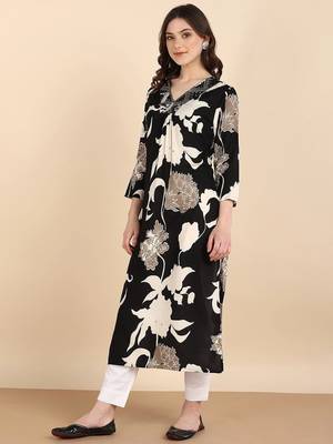 Women's Big Floral Printed Black Rayon A-Line Kurti|Stylish V-Neck 3/4 Sleeve Ethnic Long Kurta for Women & Girls 2