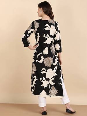 Women's Big Floral Printed Black Rayon A-Line Kurti|Stylish V-Neck 3/4 Sleeve Ethnic Long Kurta for Women & Girls 3
