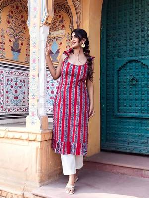 Women Red Rayon Printed A-Line Kurti for Women|Ethnic Floral Striped Casual Summer Wear Kurti|Sleeveless Tunic for Girls 1