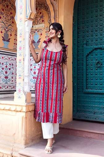 Women Red Rayon Printed A-Line Kurti for Women|Ethnic Floral Striped Casual Summer Wear Kurti|Sleeveless Tunic for Girls