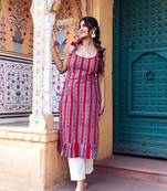 Women Red Rayon Printed A-Line Kurti for Women|Ethnic Floral Striped Casual Summer Wear Kurti|Sleeveless Tunic for Girls