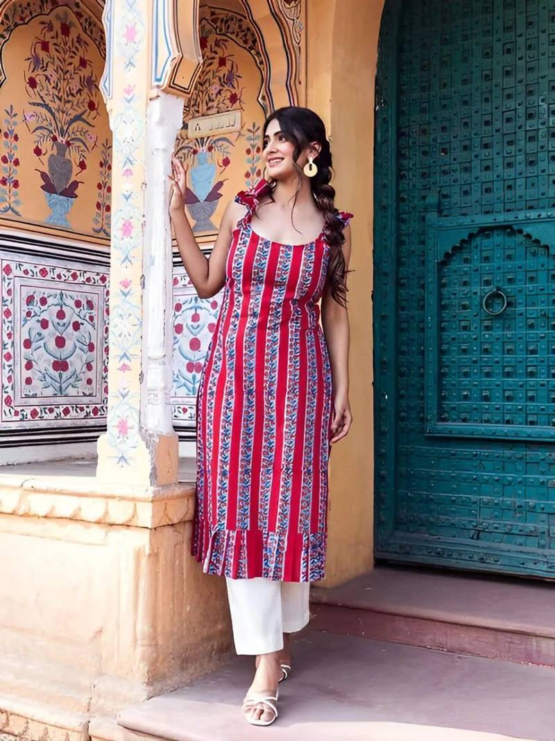 Women Red Rayon Printed A-Line Kurti for Women|Ethnic Floral Striped Casual Summer Wear Kurti|Sleeveless Tunic for Girls