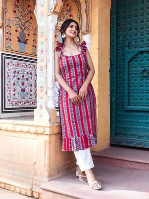 Women Red Rayon Printed A-Line Kurti for Women|Ethnic Floral Striped Casual Summer Wear Kurti|Sleeveless Tunic for Girls 2