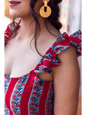 Women Red Rayon Printed A-Line Kurti for Women|Ethnic Floral Striped Casual Summer Wear Kurti|Sleeveless Tunic for Girls 3