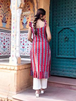 Women Red Rayon Printed A-Line Kurti for Women|Ethnic Floral Striped Casual Summer Wear Kurti|Sleeveless Tunic for Girls 4