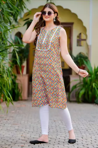 Yash gallery women's rayon short kurti multi-colour zig zag print sleeveless (multi)