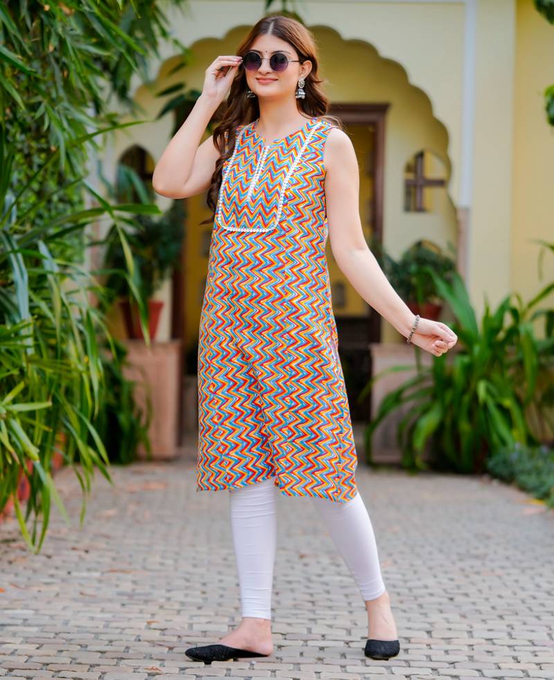 Yash gallery women's rayon short kurti multi-colour zig zag print sleeveless (multi)