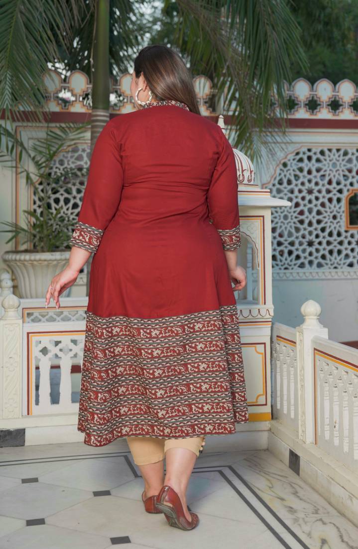 Yash gallery women's plus size maroon rayon floral printed anarkali kurta (maroon)