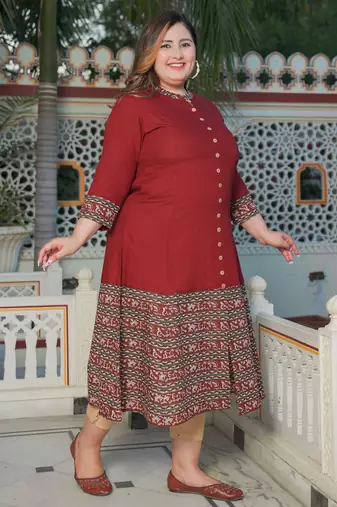 Yash gallery women's plus size maroon rayon floral printed anarkali kurta (maroon)