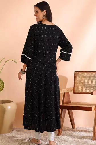 Yash gallery women's plus size rayon geometrical printed a-line kurta mirror work (black)