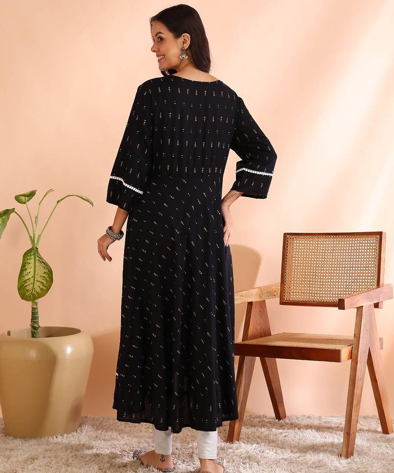 Yash gallery women's plus size rayon geometrical printed a-line kurta mirror work (black)