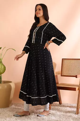 Yash gallery women's plus size rayon geometrical printed a-line kurta mirror work (black)
