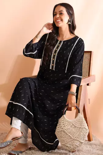 Yash gallery women's plus size rayon geometrical printed a-line kurta mirror work (black)