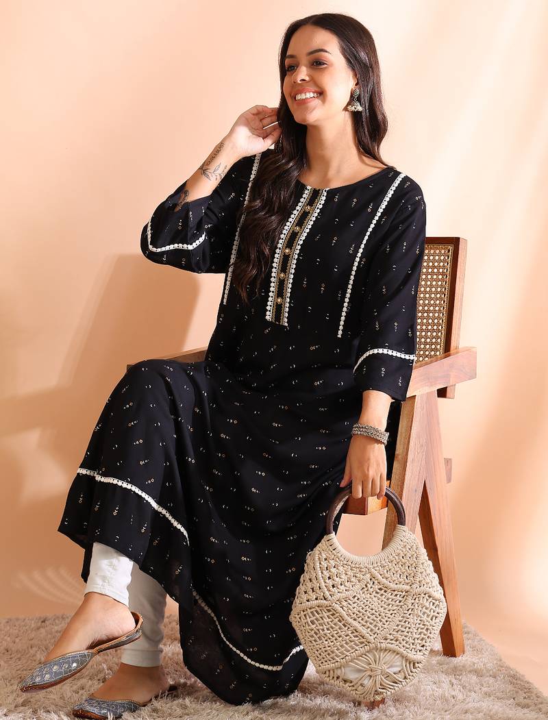 Yash gallery women's plus size rayon geometrical printed a-line kurta mirror work (black)