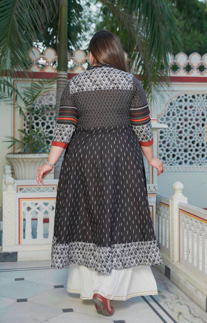 Yash gallery women's plus size cotton ikat printed anarkali kurti (black)