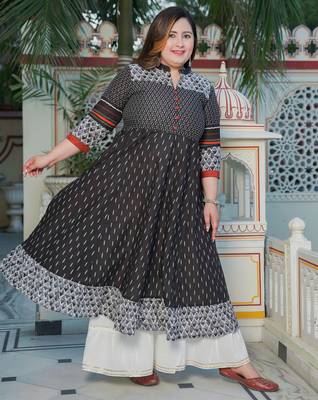 Yash gallery women's plus size cotton ikat printed anarkali kurti (black) 3