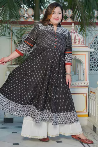Yash gallery women's plus size cotton ikat printed anarkali kurti (black)