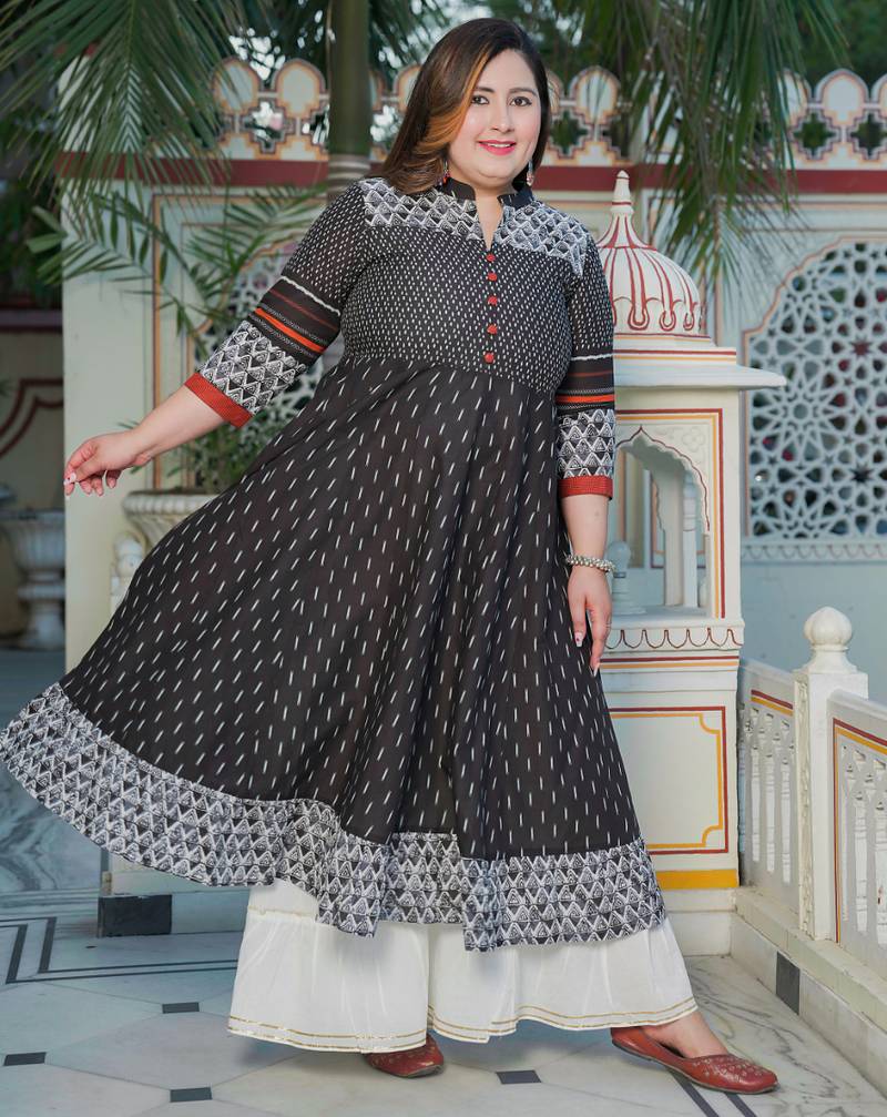 Yash gallery women's plus size cotton ikat printed anarkali kurti (black)