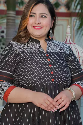 Yash gallery women's plus size cotton ikat printed anarkali kurti (black)