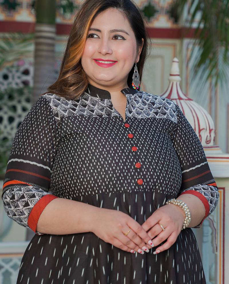 Yash gallery women's plus size cotton ikat printed anarkali kurti (black)