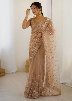 premium golden net saree with sequins & dori work 1