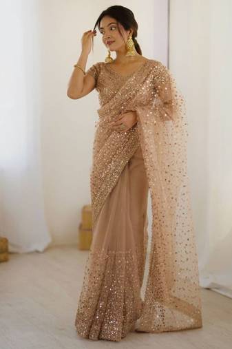 premium golden net saree with sequins & dori work