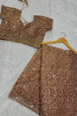 premium golden net saree with sequins & dori work 2