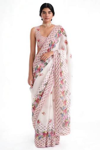 premium linen cotton digital print saree with piping
