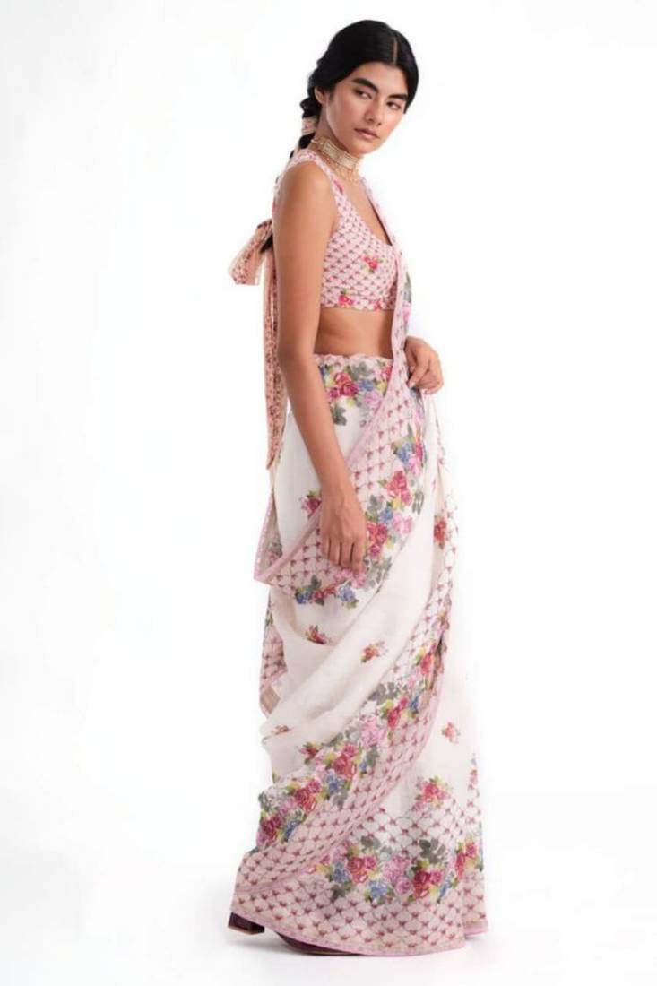 premium linen cotton digital print saree with piping