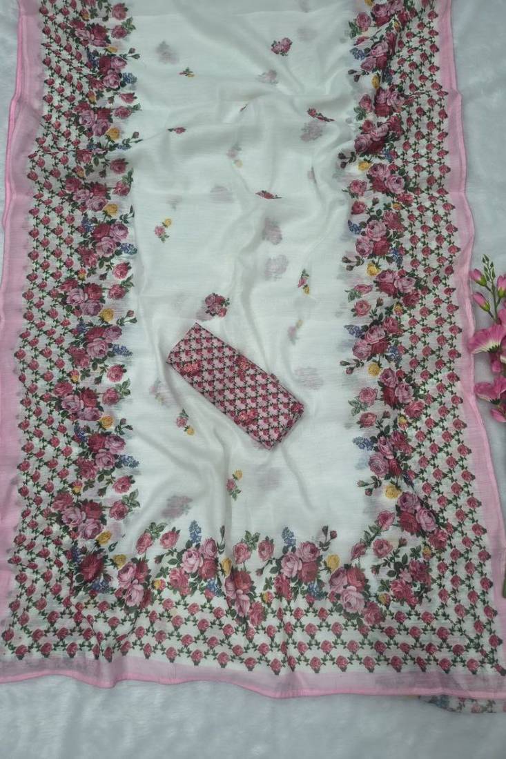 premium linen cotton digital print saree with piping