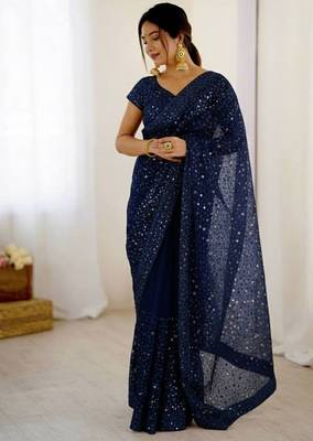 premium blue net saree with sequins & dori work 1