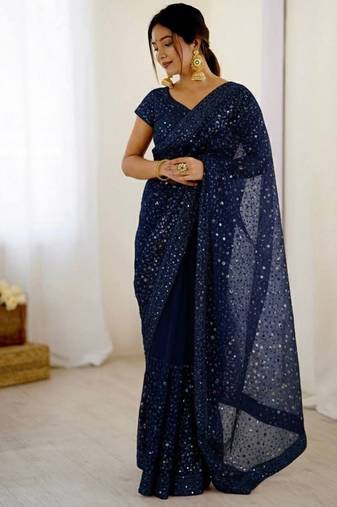 premium blue net saree with sequins & dori work