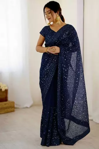 premium blue net saree with sequins & dori work