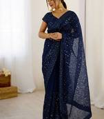 premium blue net saree with sequins & dori work