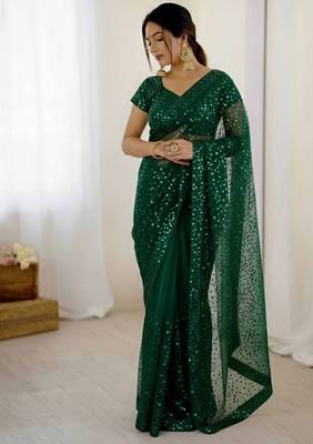 premium green net saree with sequins & dori work 1