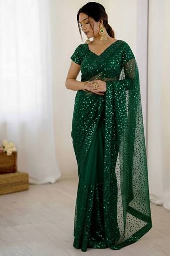premium green net saree with sequins & dori work