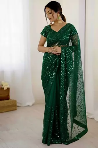 premium green net saree with sequins & dori work