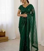 premium green net saree with sequins & dori work